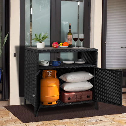 M optimized Patio Outdoor Wicker Storage Cabinet with Shelf, Patio Bar Table with 2-Door and Shelf, All Weather Resin Wicker, Patio Pool Garden Kitchen