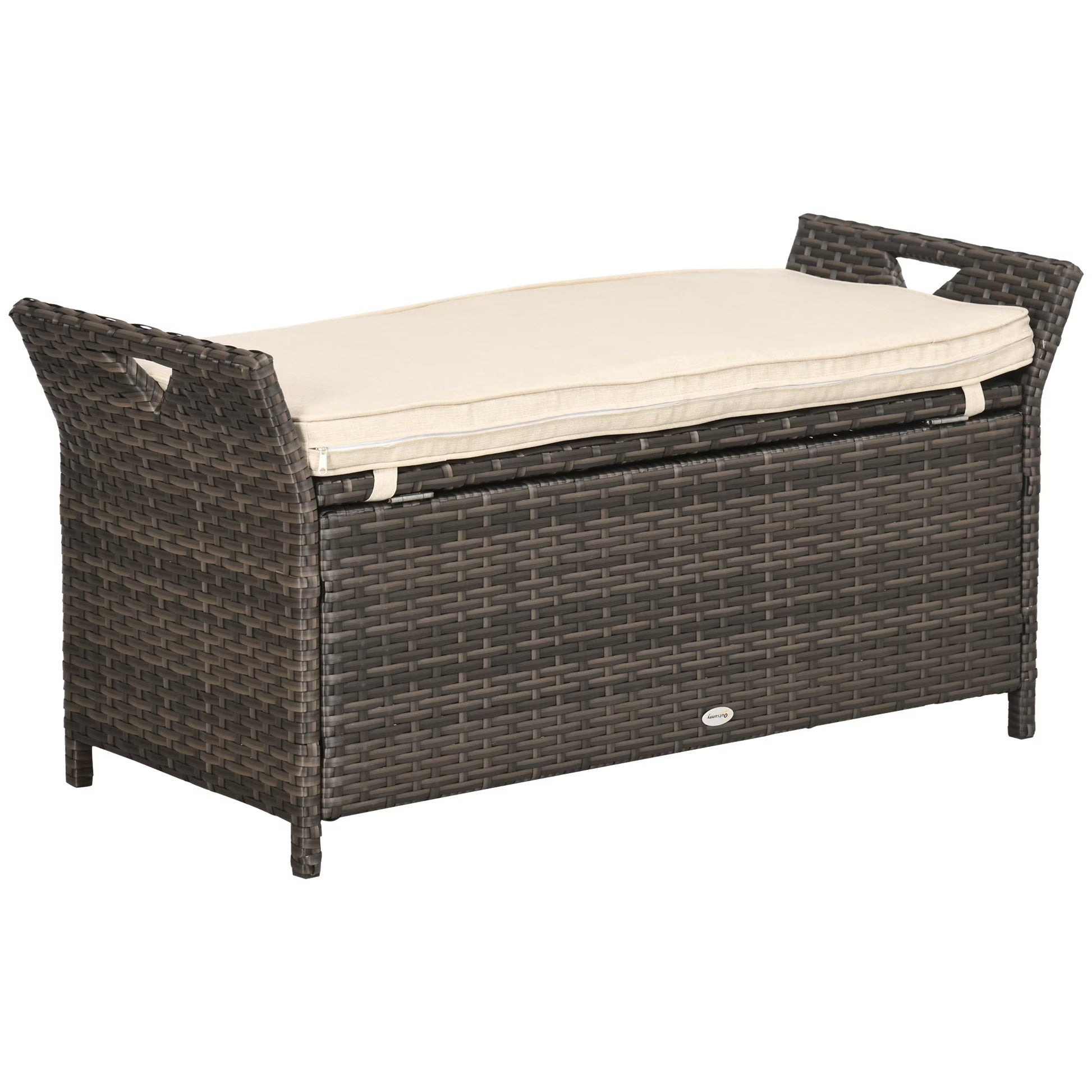 DUOSONG Outsunny 27 Gallon Patio Wicker Storage Bench, Outdoor Pe Rattan Patio Furniture, 2-In-1 Large Capacity Rectangle Garden Storage Box With Handles And Cushion, Cream White Brown+White Steel