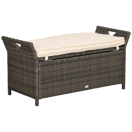 DUOSONG Outsunny 27 Gallon Patio Wicker Storage Bench, Outdoor Pe Rattan Patio Furniture, 2-In-1 Large Capacity Rectangle Garden Storage Box With Handles And Cushion, Cream White Brown+White Steel