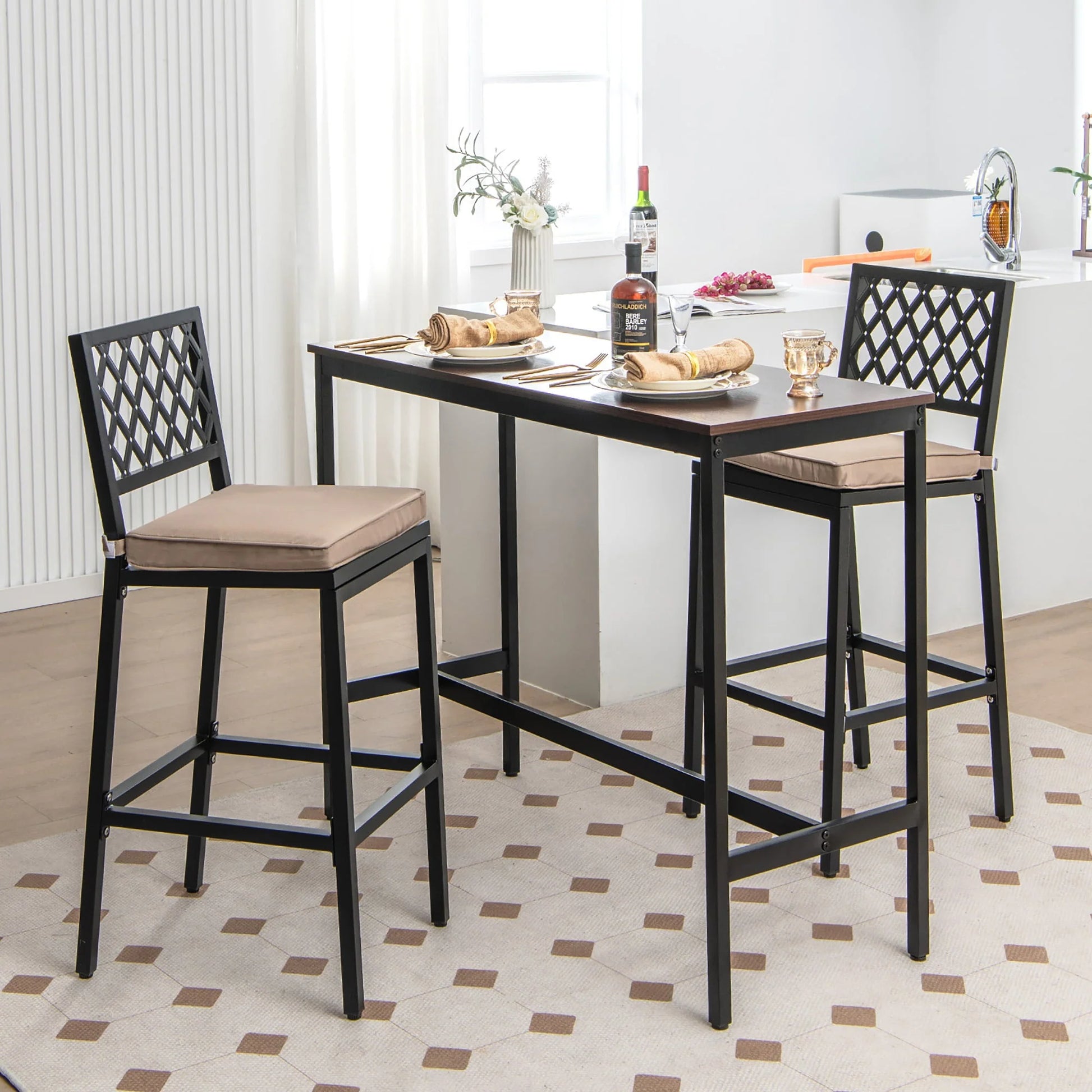 Costway Set of 2 Outdoor Bar Height Dining Chairs Patio Metal Bar Stools with Cushion