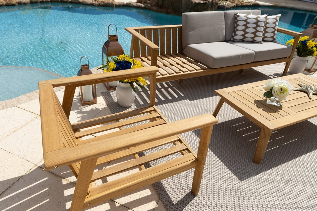 Laguna 4-Piece Eucalyptus Wood Outdoor Patio Conversation Sofa Set w/Three-Seat Sofa, Two Armchairs and Coffee Table