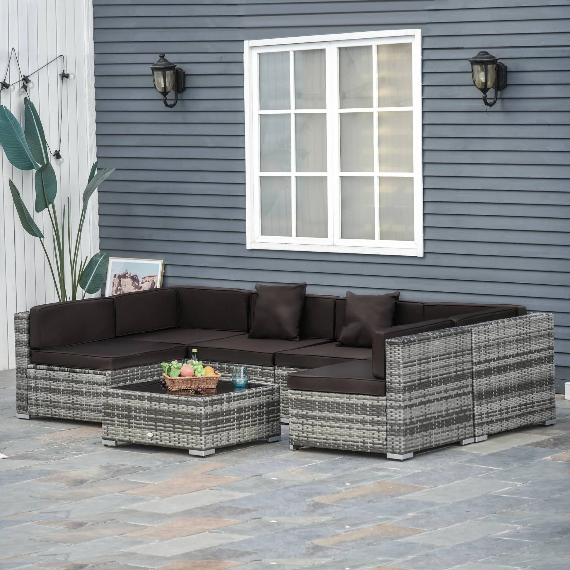 Outsunny 7pc Sectional Wicker Patio Furniture, Charcoal