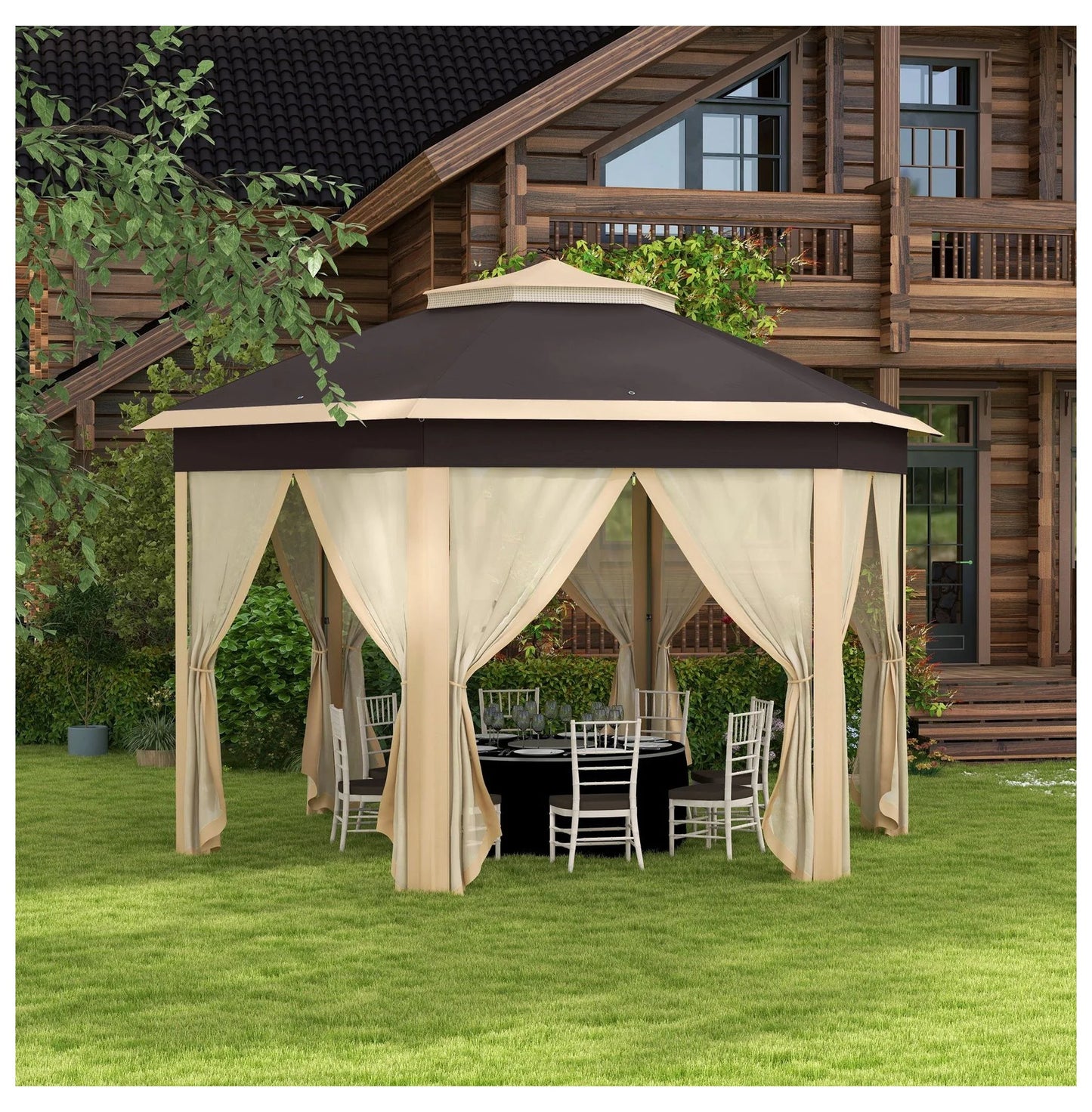SAZYY 13x13 Pop Up Gazebo Hexagonal Canopy with Mesh Netting for Outdoor Events, Patio Garden Wedding Party Shelter