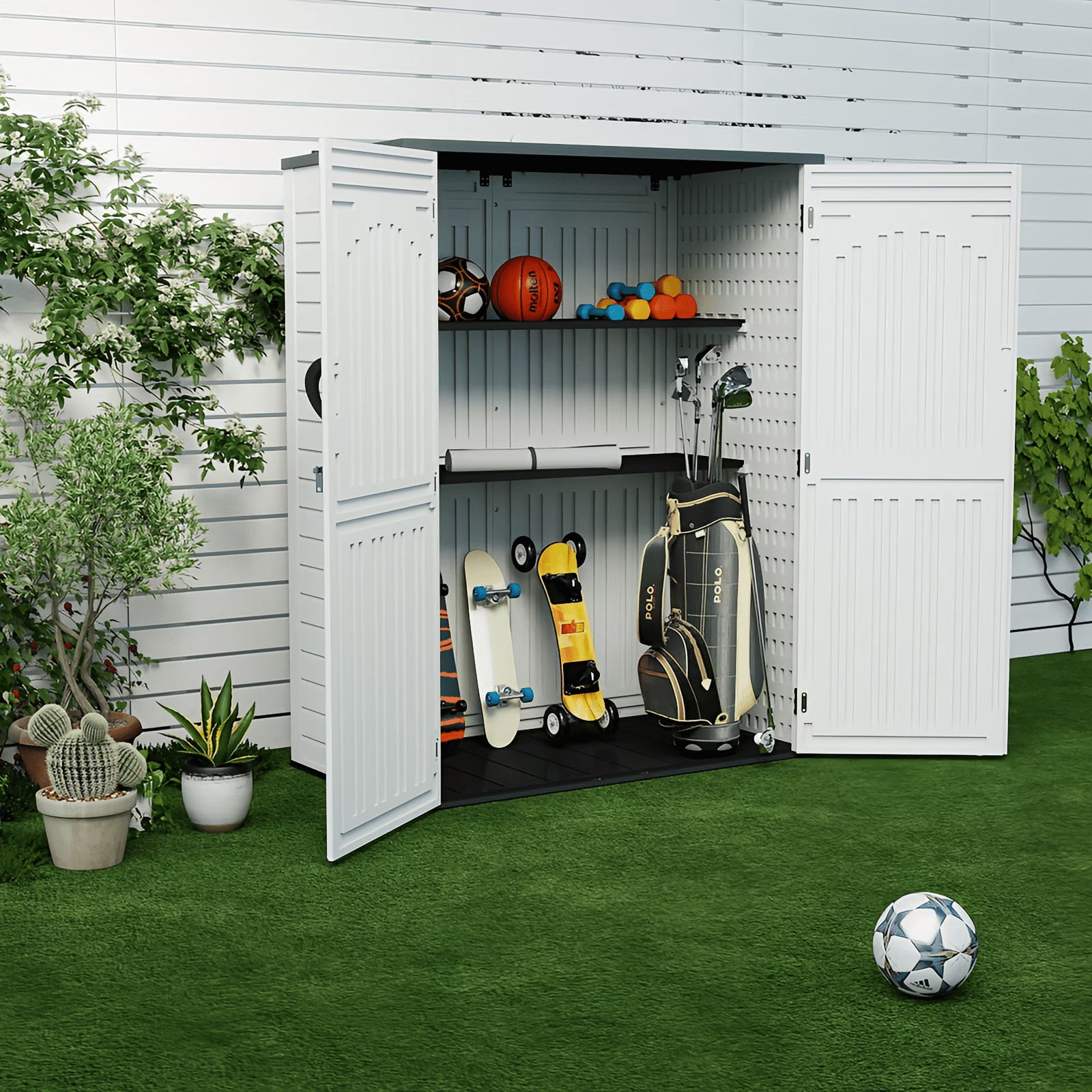 ZYJOYY 60 Cu.Ft Large Outdoor Shed with Floor, Lockable & Waterproof Patio Storage Cabinet for Garden Tools, Pool Supplies & Lawn Equipment, Grey