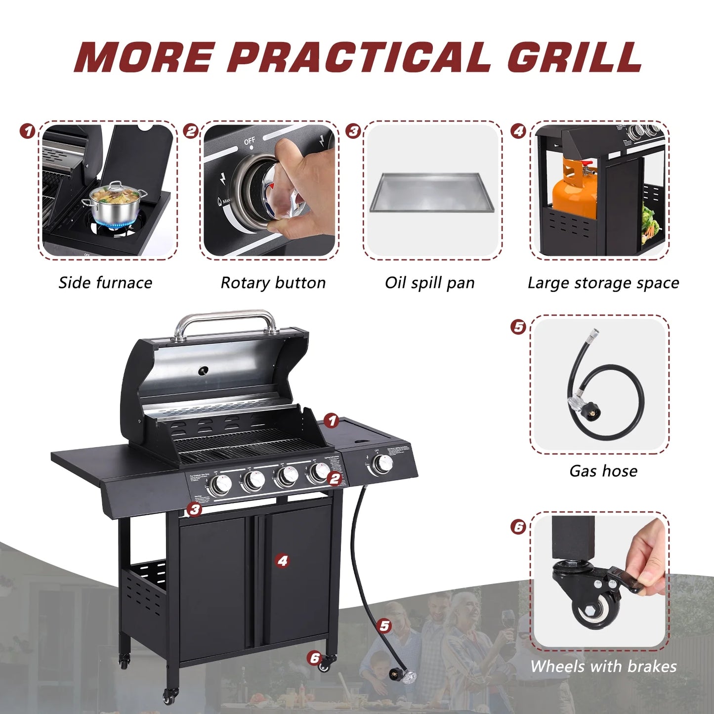 Haverchair 4-Burner Gas BBQ Grill, Cast Iron Barbecue Gas Grill with Side Burner and Bottle Opener for Outdoor Patio Garden Picnic Backyard Cooking, 50,000BTU Black