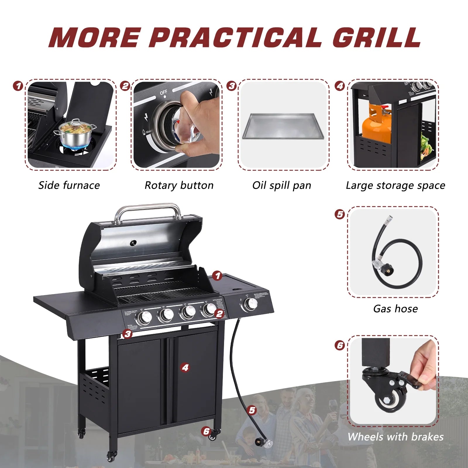 Haverchair 4-Burner Gas BBQ Grill, Cast Iron Barbecue Gas Grill with Side Burner and Bottle Opener for Outdoor Patio Garden Picnic Backyard Cooking, 50,000BTU Black