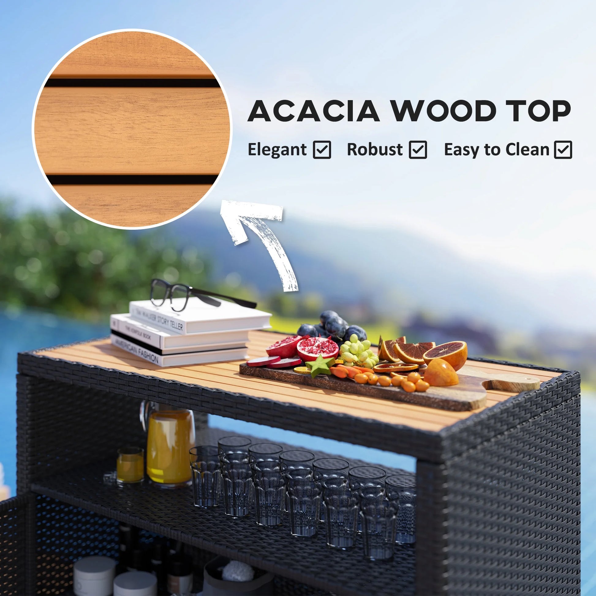 Outsunny Rattan Outdoor Storage Cabinet, Wicker Bar Table with Acacia Wood Countertop, Two Doors, Shelf, for Garden, Patio, Backyard, Black