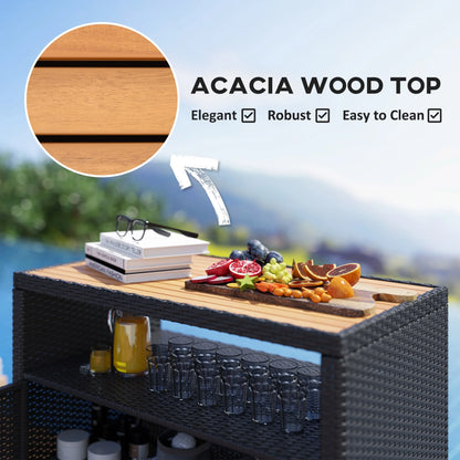 Outsunny Rattan Outdoor Storage Cabinet, Wicker Bar Table with Acacia Wood Countertop, Two Doors, Shelf, for Garden, Patio, Backyard, Black