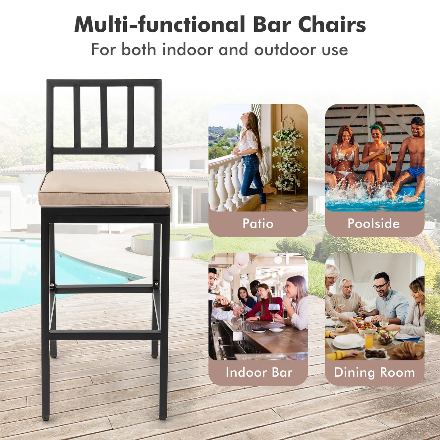 Costway Set of 2 Patio Metal Bar Stools Outdoor Bar Height Dining Chairs with Cushion