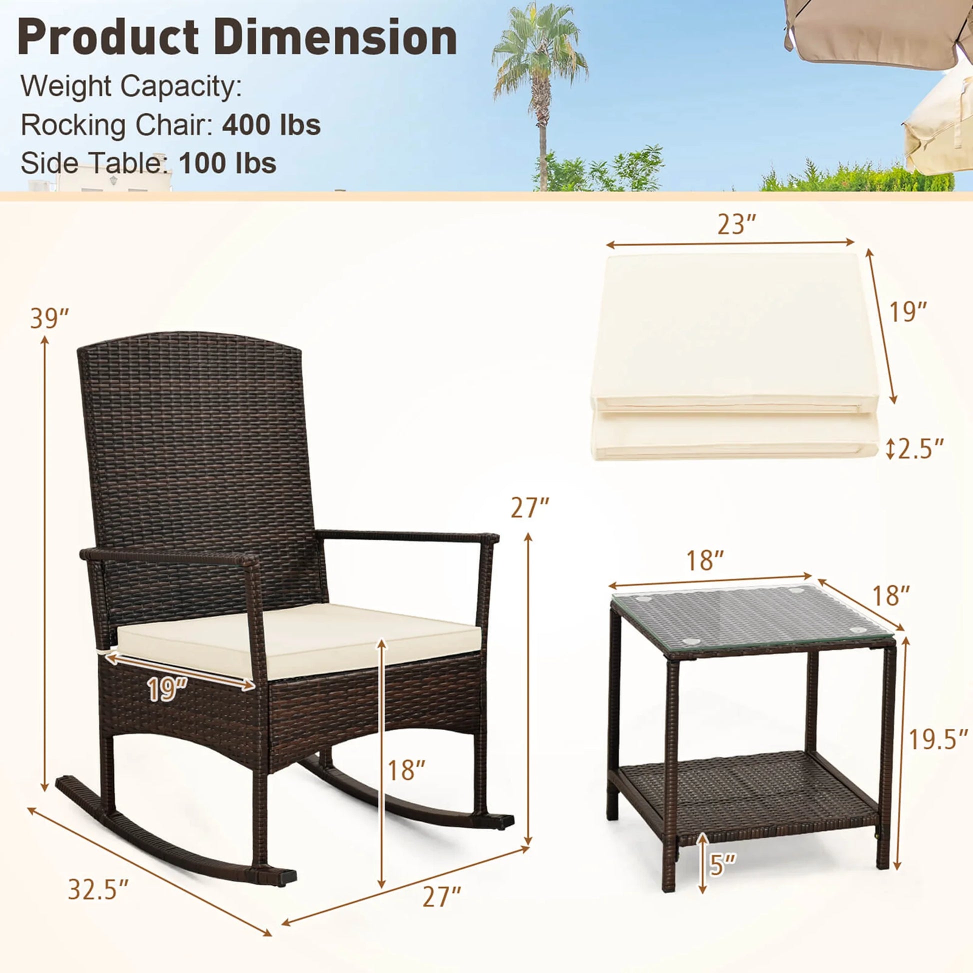 Costway Serenity 3 Piece Patio Rocking Wicker Rockers with White Cushions 2 Tier Coffee Table