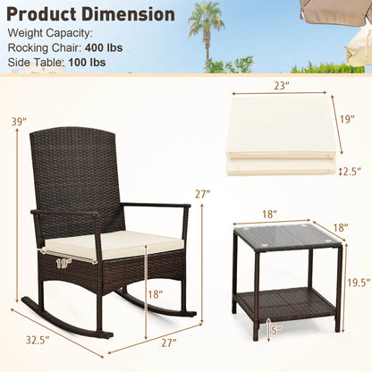 Costway Serenity 3 Piece Patio Rocking Wicker Rockers with White Cushions 2 Tier Coffee Table
