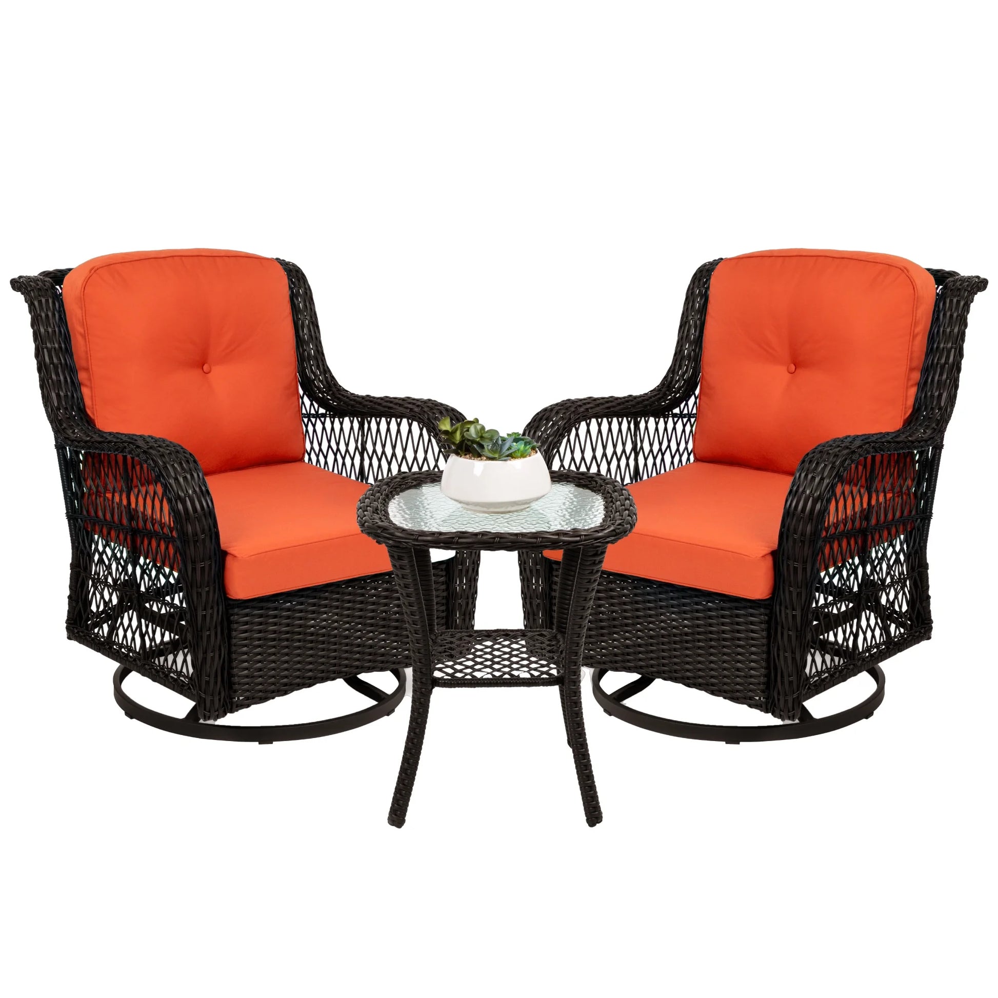 Best Choice Products 3-Piece Patio Wicker Bistro Furniture Set w/2 Cushioned Swivel Rocking Chairs, Side Table - Rust