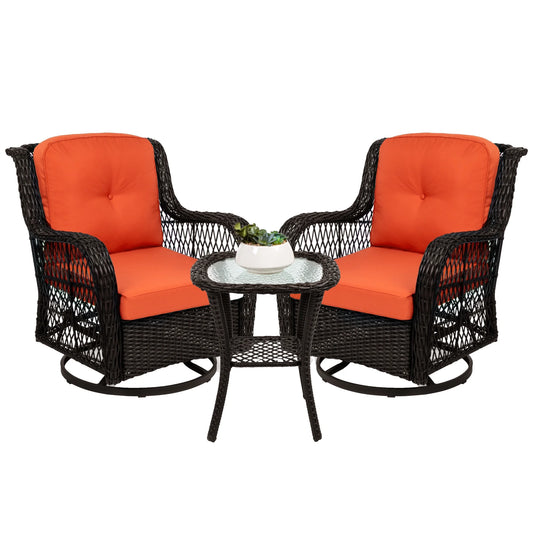 Best Choice Products 3-Piece Patio Wicker Bistro Furniture Set w/2 Cushioned Swivel Rocking Chairs, Side Table - Rust
