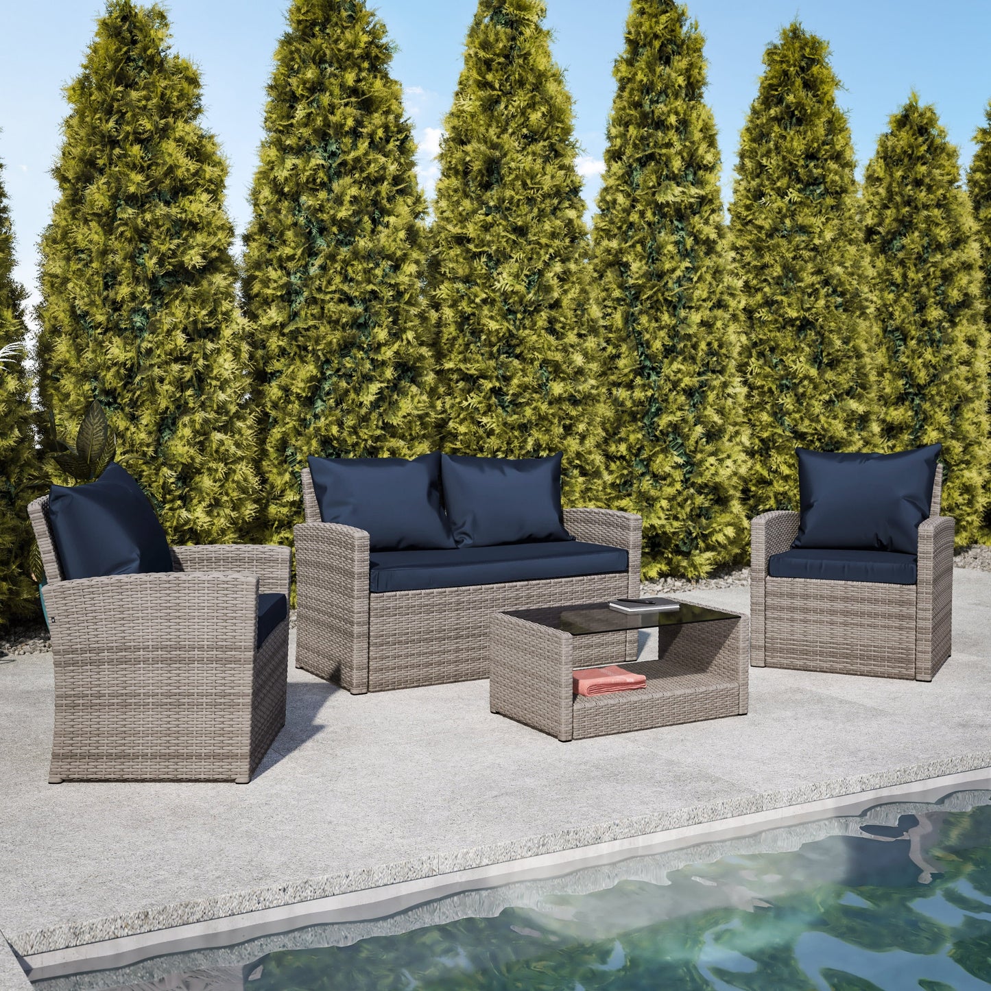Flash Furniture Aransas Series 4 Piece Light Gray Patio Set with Navy Back Pillows and Seat Cushions