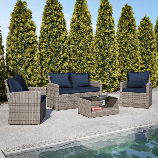 Flash Furniture Aransas Series 4 Piece Light Gray Patio Set with Navy Back Pillows and Seat Cushions