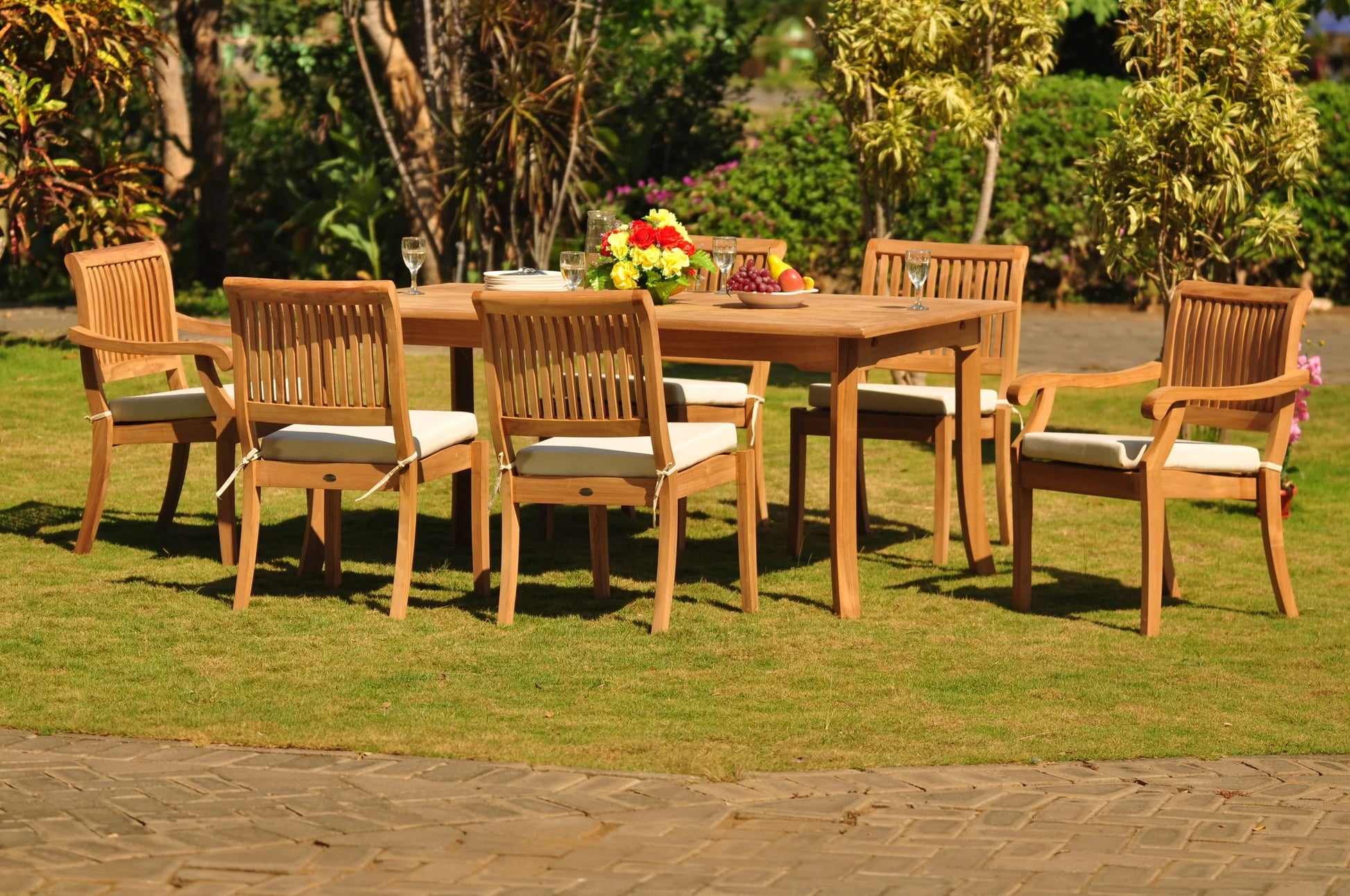 Teak Dining Set: 6 Seater 7 Pc: 94" Rectangle Table & 2 Stacking Arbor Arm & 4 Armless Chairs Outdoor Patio Grade-A Teak Wood WholesaleTeak #WMDSAB15