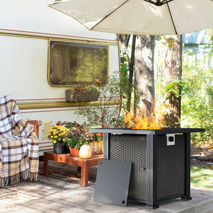 28 Inch Propane Fire Pit Table, Rattan & Wicker-Look 50,000 BTU Gas Firepits with Fire Glass for Outside Patio and Garden