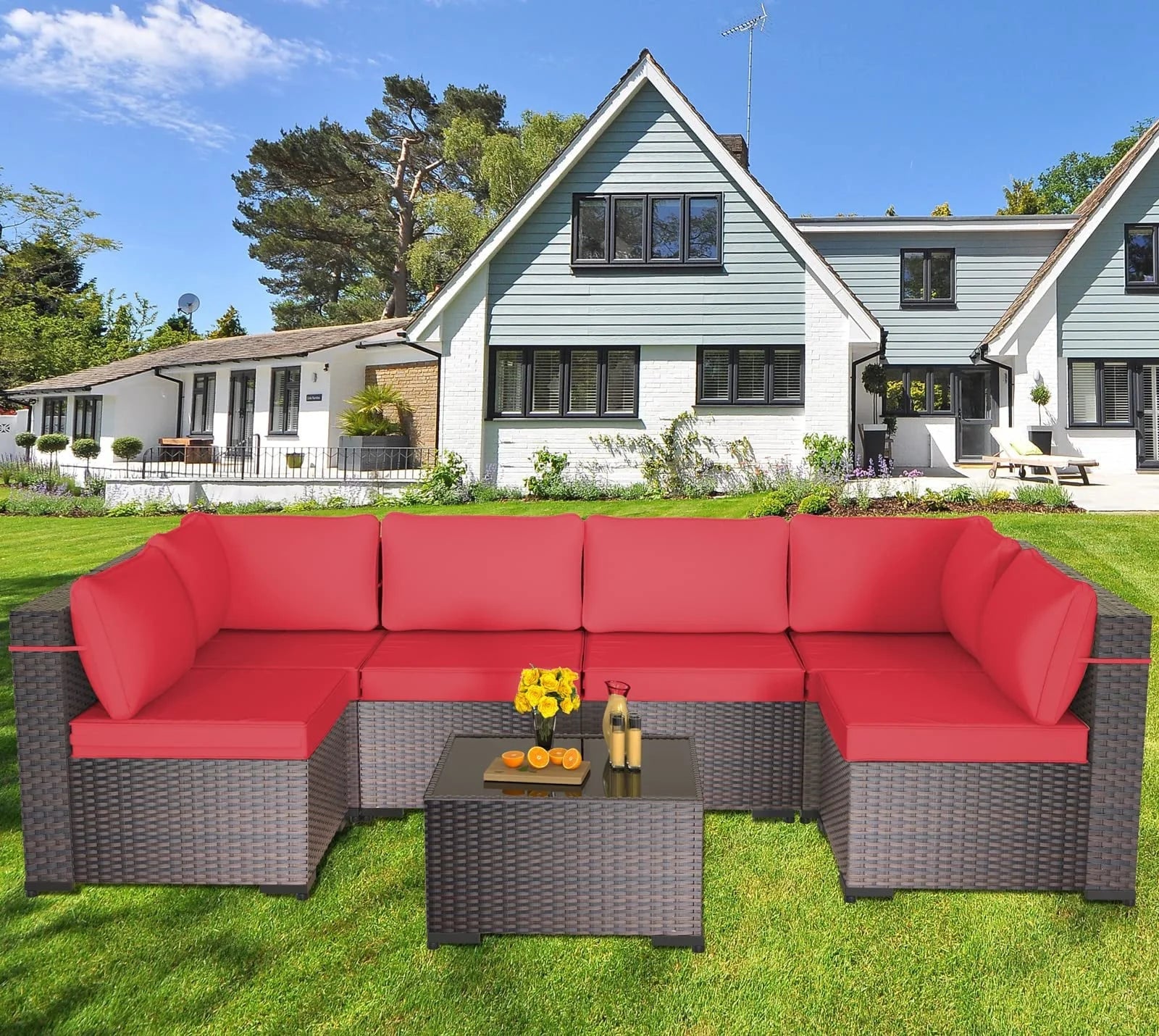 Gotland 7 Piece Outdoor Patio Furniture Set PE Rattan Wicker Patio Sectional Sofa Conversation Set(Red)