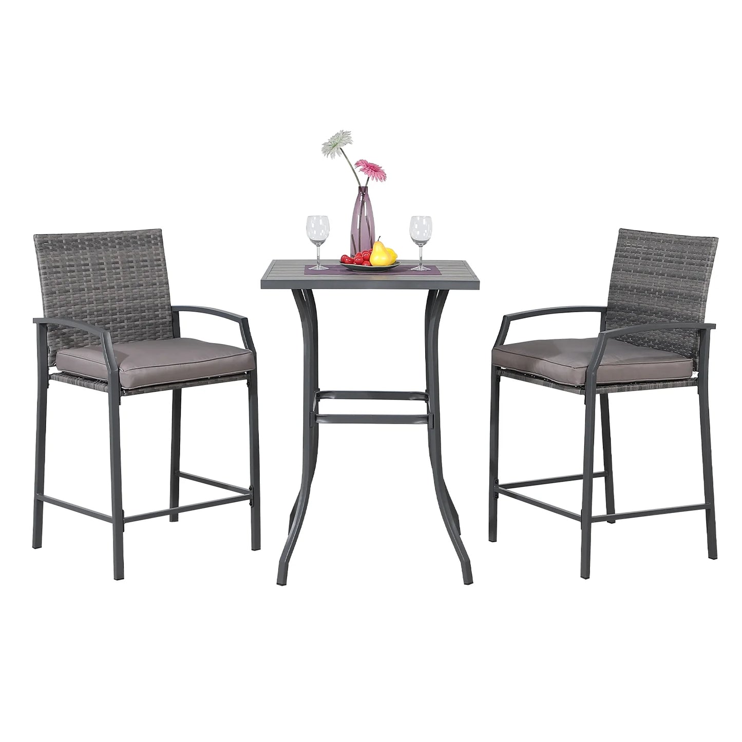 OC Orange-Casual Patio Bar Set, All-Weather Wicker, 2 Height Rattan Bar Stools with Wood Grain Top Coffee Table, for Porch, Garden, Bistro, Grey Cushion, 3-Piece