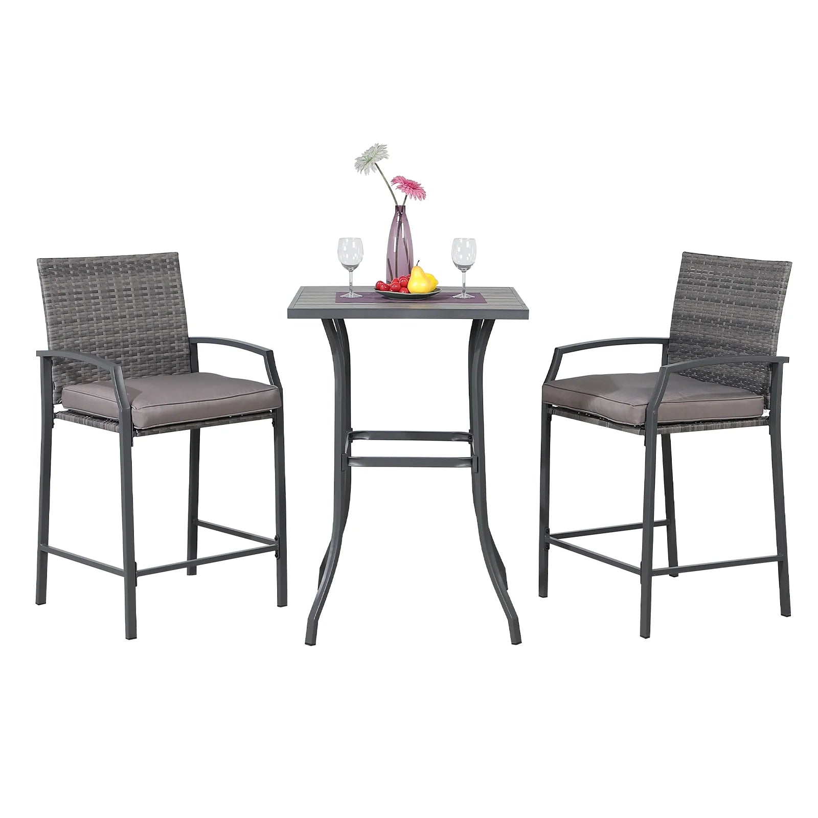 OC Orange-Casual Patio Bar Set, All-Weather Wicker, 2 Height Rattan Bar Stools with Wood Grain Top Coffee Table, for Porch, Garden, Bistro, Grey Cushion, 3-Piece