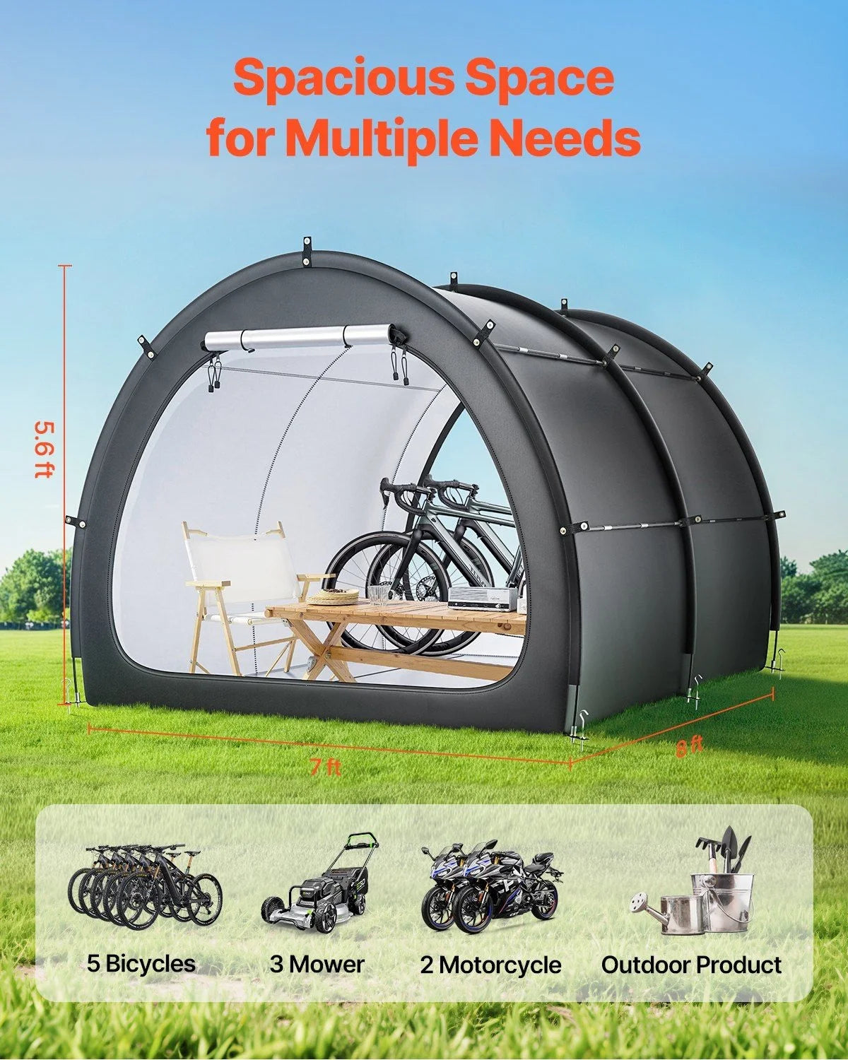 Extra-Large Bike Storage Tent, Waterproof Fan-Shaped Bike Shelter for Garage or Patio, Holds 5+ Bikes