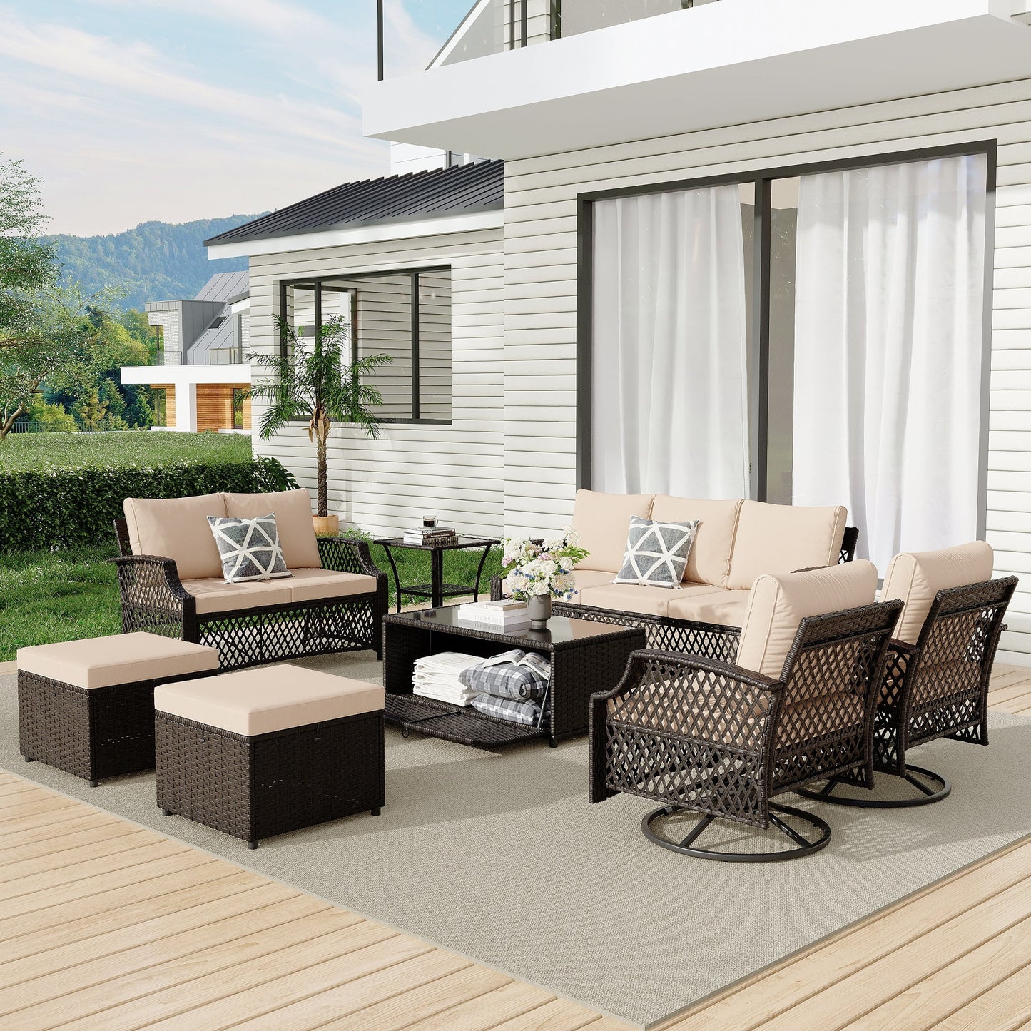 Vicluke 8 Piece Patio Furniture Set, Wicker Outdoor Conversation Sofa Set with Swivel Chairs, 2 Ottomans, Storage Coffee Table, Rattan Outdoor Sectional for Deck Backyard Porch 9 Seats, Khaki)