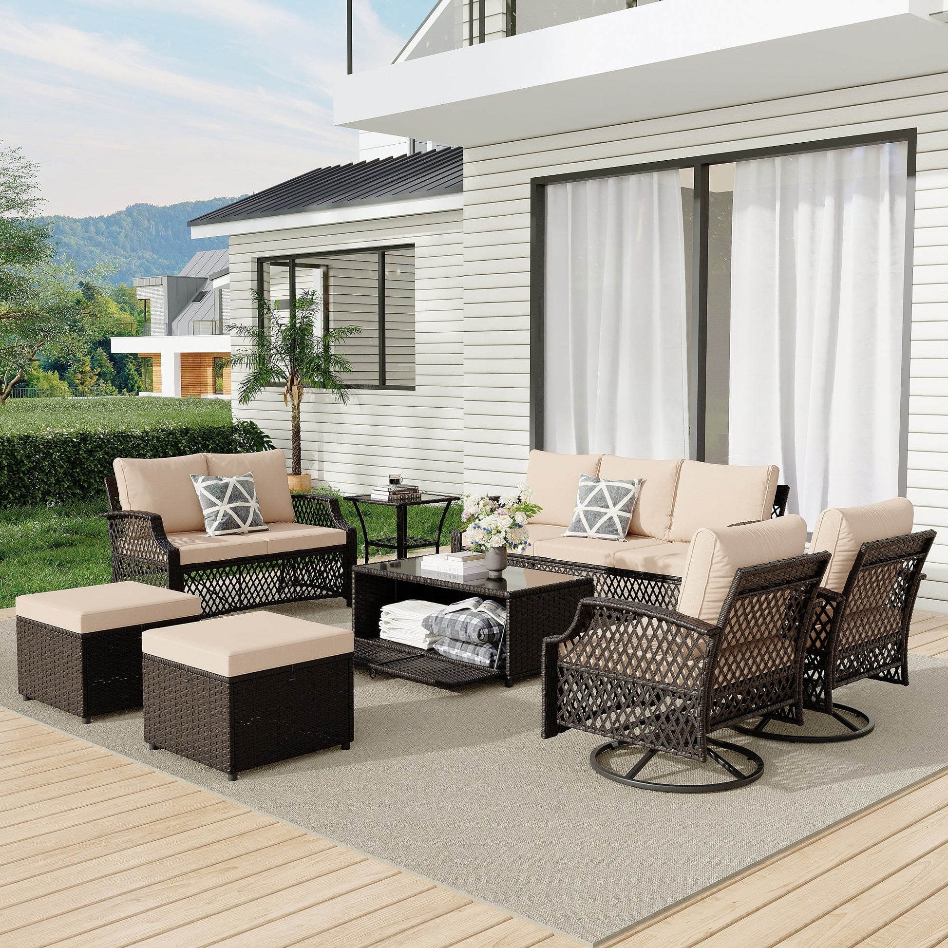 Vicluke 8 Piece Patio Furniture Set, Wicker Outdoor Conversation Sofa Set with Swivel Chairs, 2 Ottomans, Storage Coffee Table, Rattan Outdoor Sectional for Deck Backyard Porch 9 Seats, Khaki)