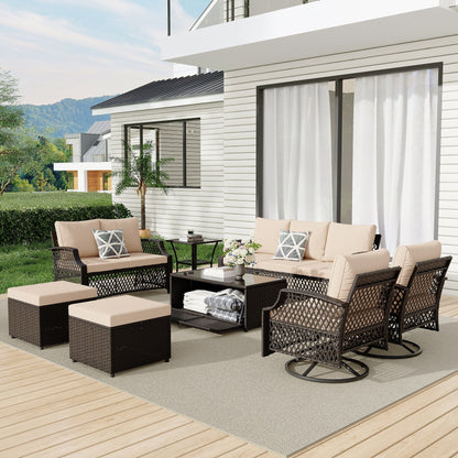 Vicluke 8 Piece Patio Furniture Set, Wicker Outdoor Conversation Sofa Set with Swivel Chairs, 2 Ottomans, Storage Coffee Table, Rattan Outdoor Sectional for Deck Backyard Porch 9 Seats, Khaki)