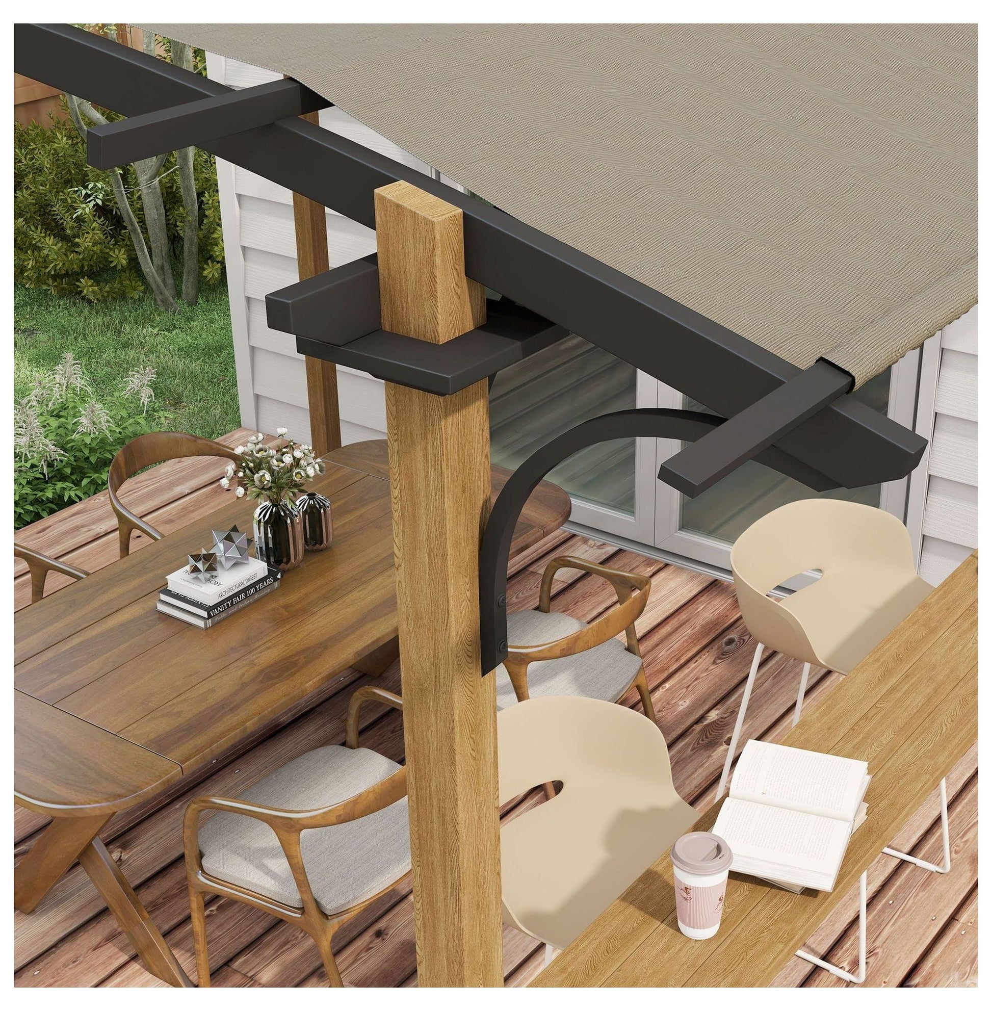 Outdoor Pergola with Bar, 12x10 ft Aluminum Metal Patio Canopy, Sun Shade for Backyard, Garden, Deck, Beige