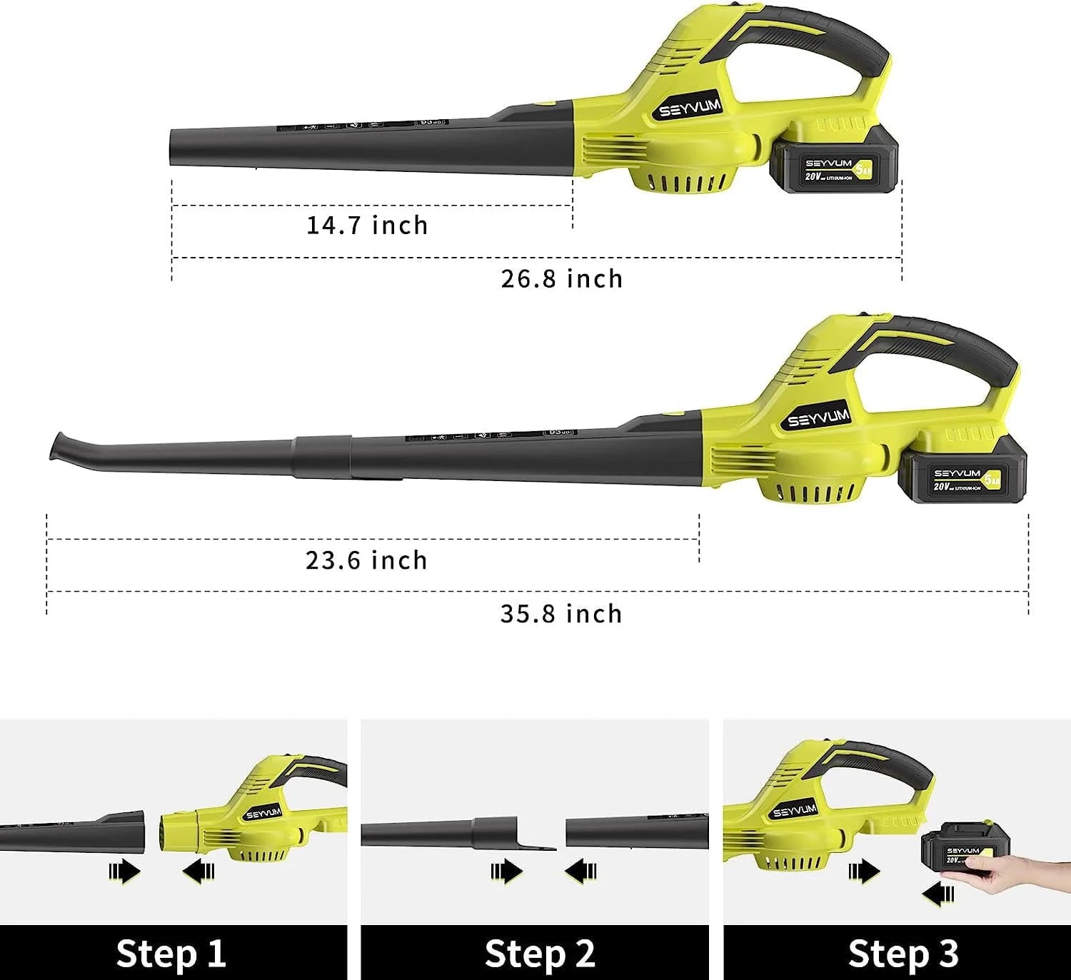 Leaf Blower, SEYVUM 20V 5.0 Ah Battery Cordless Leaf Blower, 2 Speed Electric Leaf Cleaner for Lawn Care, 320CFM 150MPH Blower for Patio, Garden, Cars & Depot, Fast Charger Included