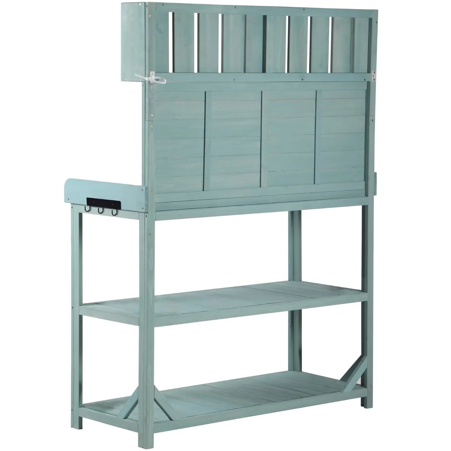 65" Outdoor Potting Bench Table, Farmhouse Wooden Garden Patio Workstation with 4 Storage Shelves and 3 Side Hooks, Multifunctional Potting Planting Table for Mudroom, Backyard, Natural