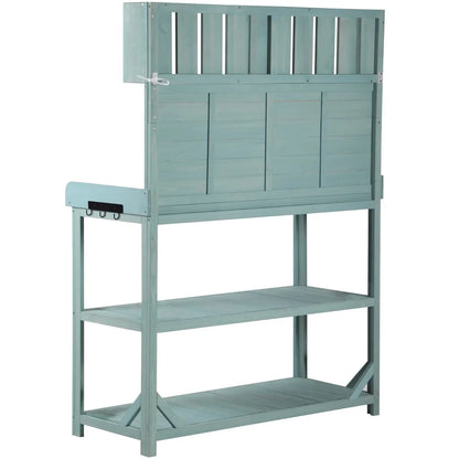 65" Outdoor Potting Bench Table, Farmhouse Wooden Garden Patio Workstation with 4 Storage Shelves and 3 Side Hooks, Multifunctional Potting Planting Table for Mudroom, Backyard, Natural