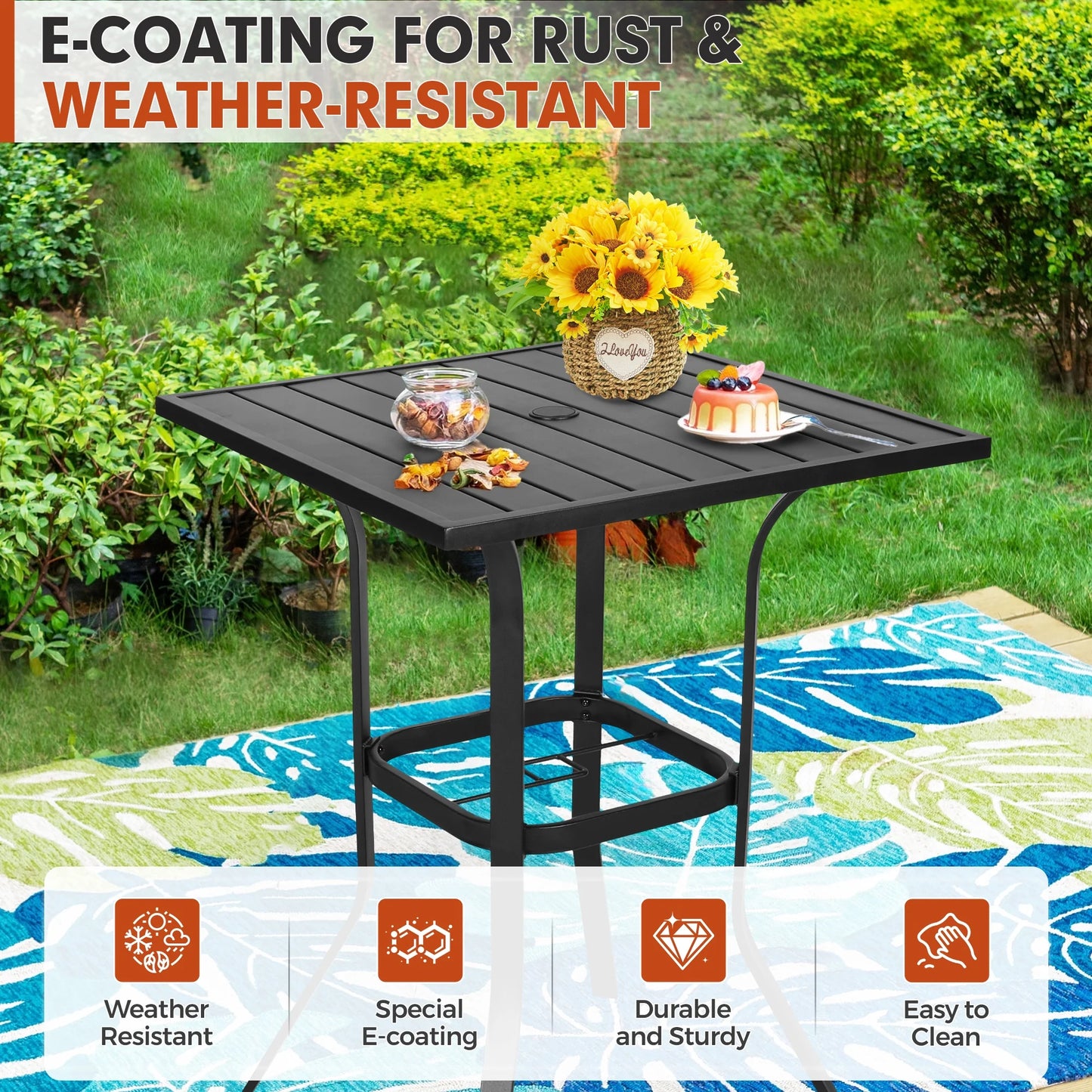 SOLAURA Outdoor Patio Bar Height Table Metal Bistro Table with Umbrella Hole, Black