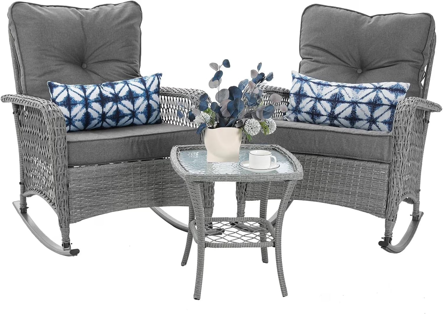 MRUAKA Outdoor Rocking Chairs Set of 3, Wicker Patio Furniture with Thickened Cushions and Table for Porch350lbs Weight Capacity(Gray)