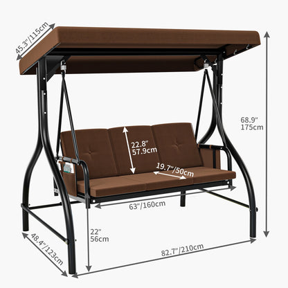 Dextrus Outdoor Patio Swing Chair, 3 Person Porch Swing with Adjustable Canopy, Removable Cushion, Suitable for Garden, Poolside, Balcony,(Brown)