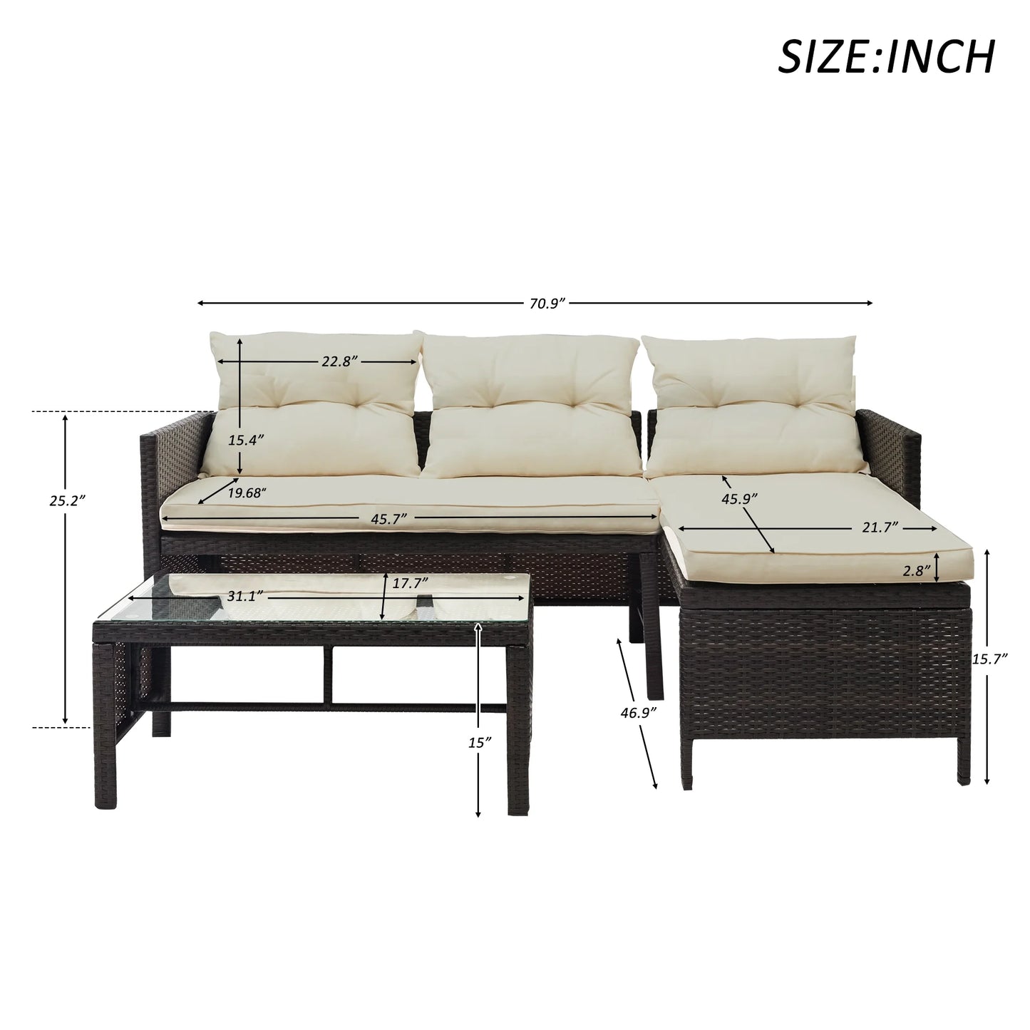 3 Pieces Patio Furniture Set, Outdoor Cushioned Sectional Sofa Set with Two-Seater Sofa, Lounge Sofa, Glass Coffee Table, PE Wicker Conversation Set for Backyard, Balcony, Poolside, Deck, D6027