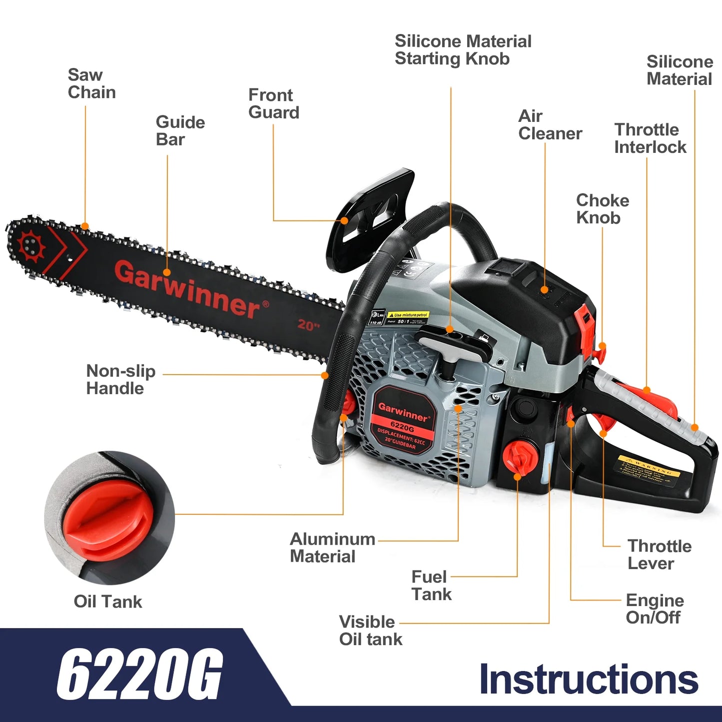Gas Chainsaw 20in. 3.4HP Gas Powered Chainsaw 2-Cycle Handheld Chain Saw for Garden/Patio/Farm 6220G(Two Chains)