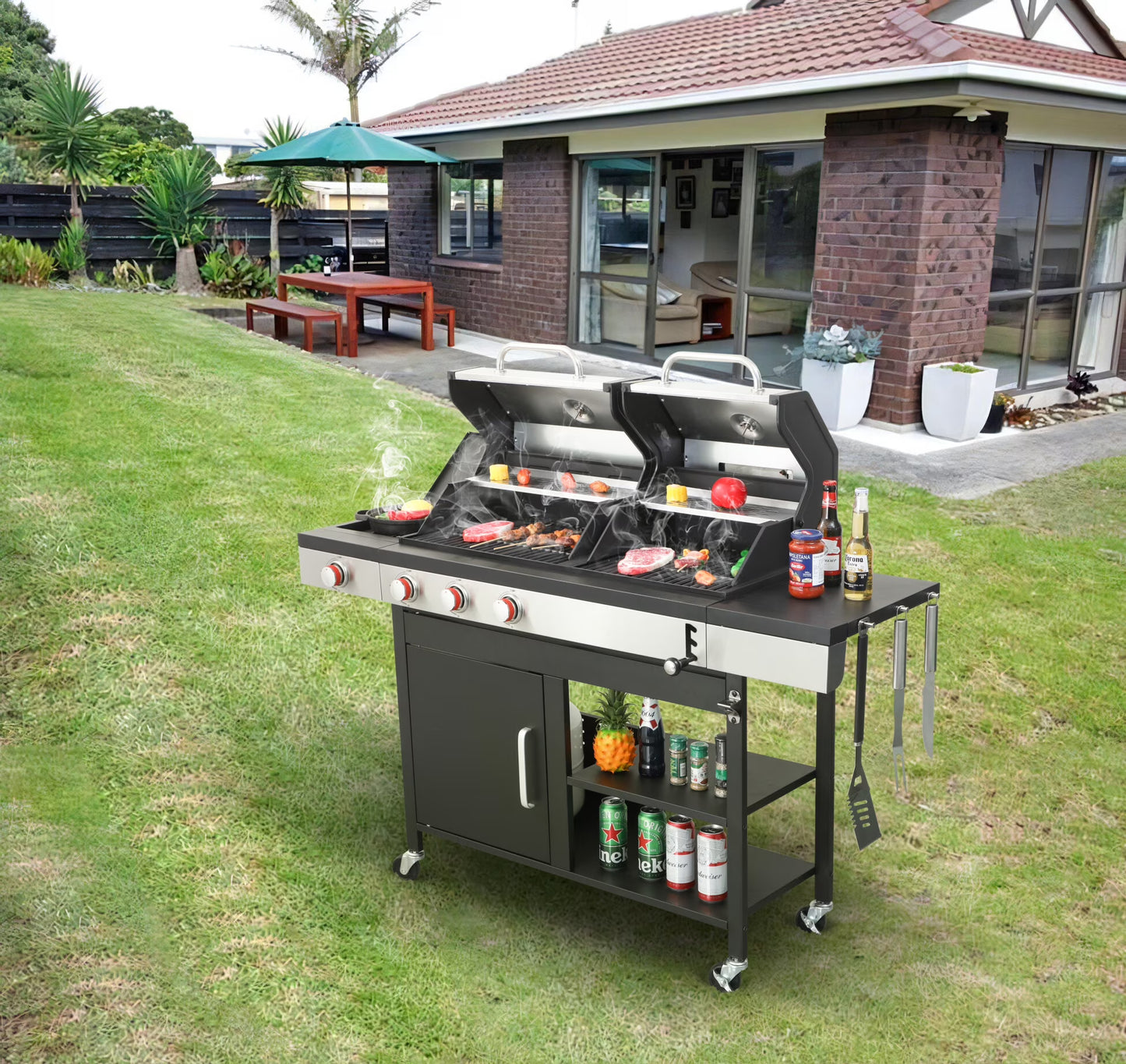 Dual Fuel Outdoor Grill 3 Burner Propane & Charcoal Combo with Side Burner & Porcelain Cast Iron Grates, 37,230 BTUs High-Performance BBQ Grill for Patio Backyard Cooking