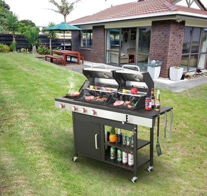 Dual Fuel Outdoor Grill 3 Burner Propane & Charcoal Combo with Side Burner & Porcelain Cast Iron Grates, 37,230 BTUs High-Performance BBQ Grill for Patio Backyard Cooking