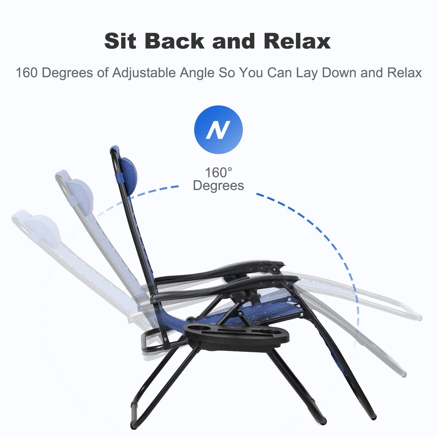 Nazhura Set of 2 Relaxing Recliners Patio Chairs Adjustable Steel Mesh Zero Gravity Lounge Chair Recliners with Pillow and Cup Holder (Navy Blue)