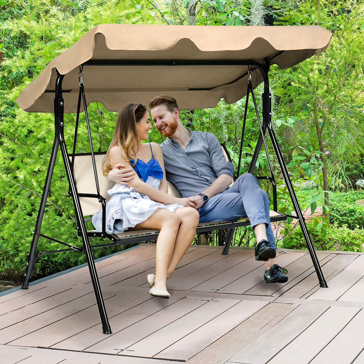 Gymax Brown Outdoor Swing Canopy Patio Swing Chair 3 Person Canopy Hammock