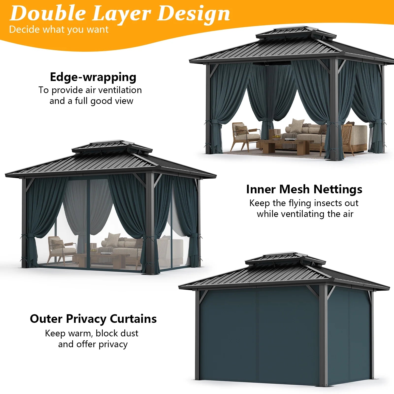HOTEEL 10'x12' Hardtop Gazebo, Outdoor Steel Double Galvanized Roof Canopy, Aluminum Frame Permanent Pavilion Metal Gazebo with Curtains and Nettings, Sunshade for Patios, Gardens, Lawns, Black