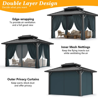 HOTEEL 10'x12' Hardtop Gazebo, Outdoor Steel Double Galvanized Roof Canopy, Aluminum Frame Permanent Pavilion Metal Gazebo with Curtains and Nettings, Sunshade for Patios, Gardens, Lawns, Black
