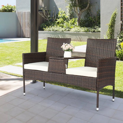 UBesGoo Patio Rattan Loveseat Table Chairs Chat Set with Waterproof Cushion, Outdoor Furniture, Wicker Conversation Set