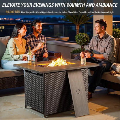 Bellefurn Outdoor Patio Furniture Set with Fire Pit and Swivel Rocker Chair,High-Back Wicker Outdoor Conversation Sets with 3 Seater Couch and Side Table Set for Porch,Deck,Garden
