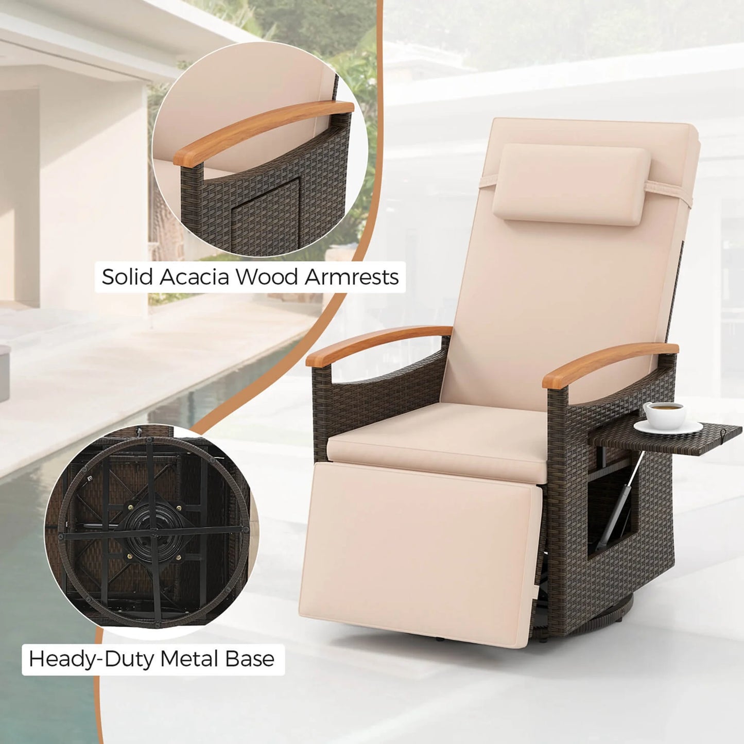 Costway Outdoor 360° Swivel Rattan Recliner Chair Patio Wicker Chaise Lounge Chair Beige