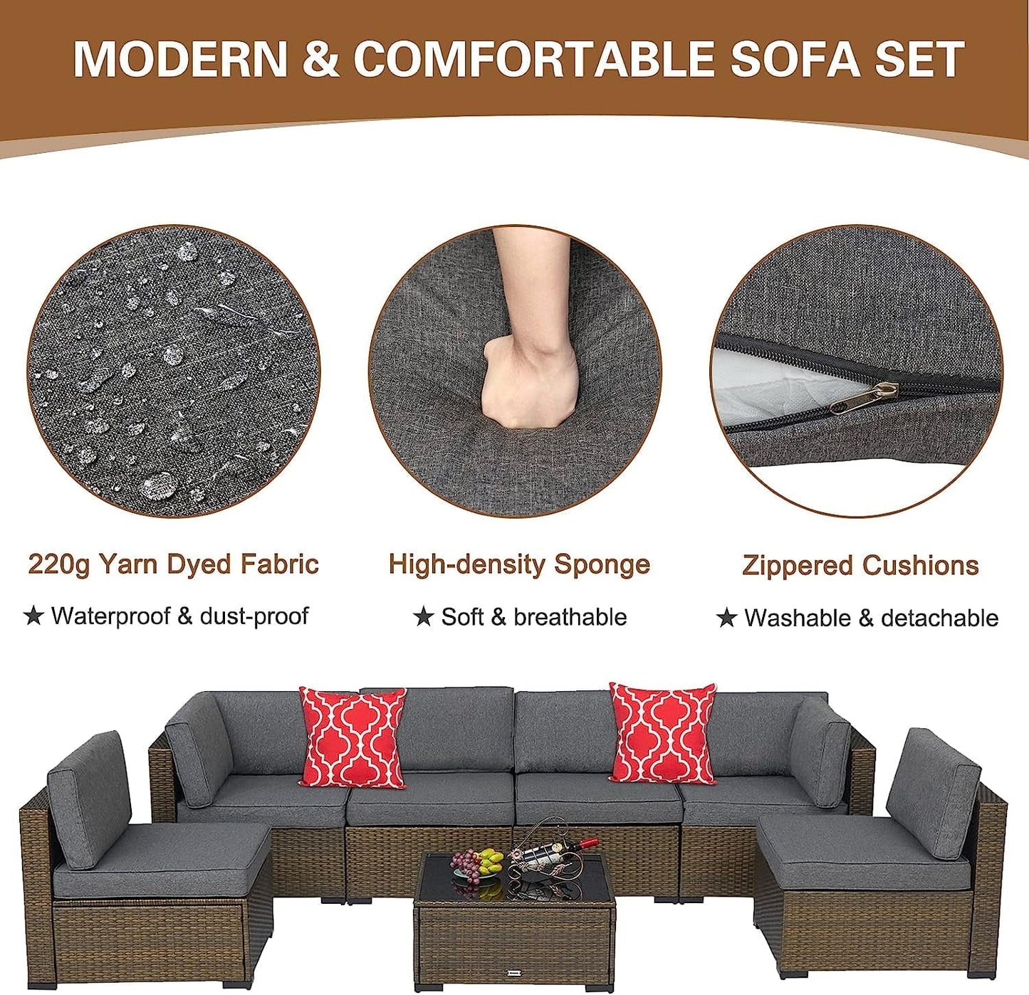 Kinbor 7Pcs Outdoor Patio PE Rattan Wicker Sofa Sectional Furniture Set with Cushion, Gray