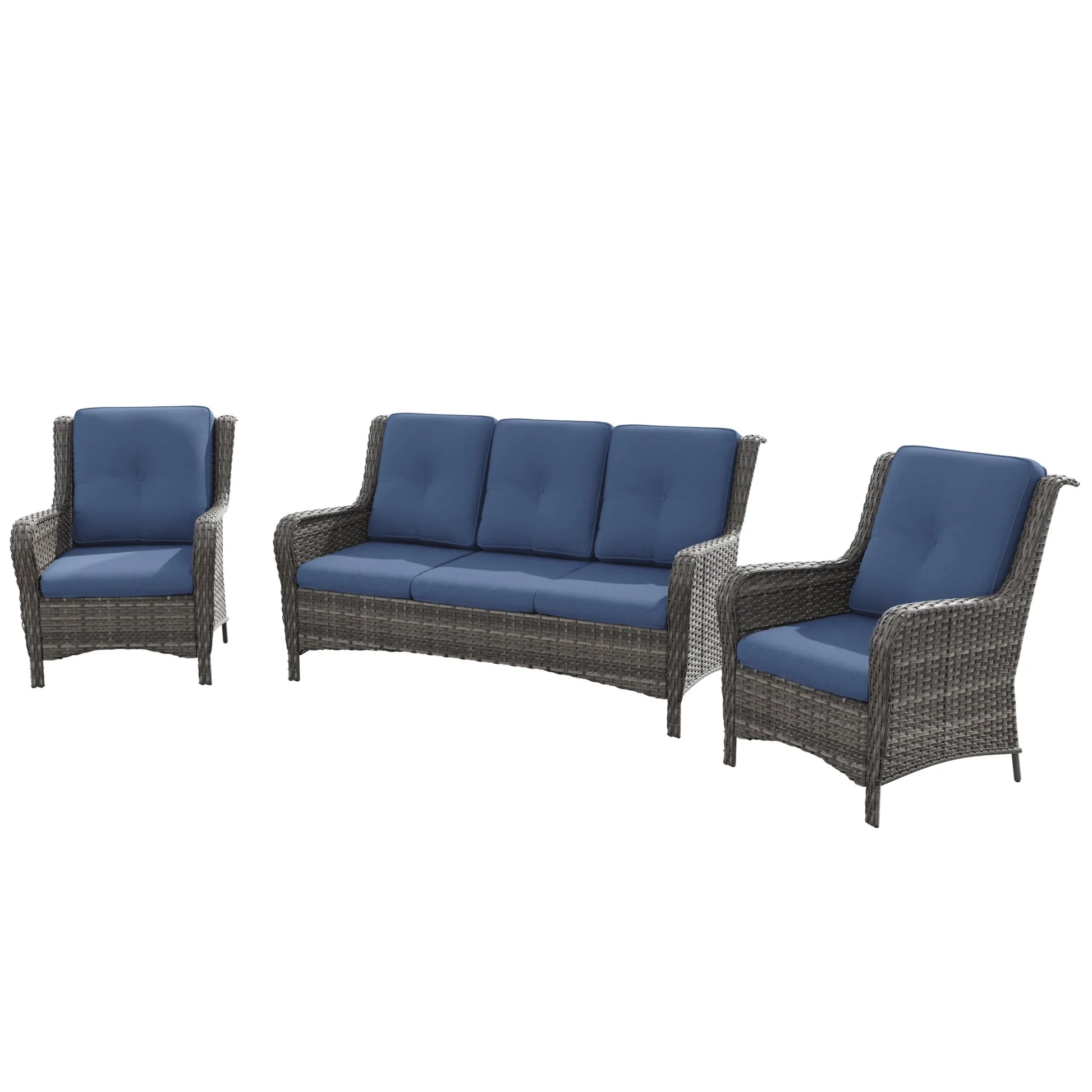 MeetLeisure 3 Pieces Outdoor Furniture Patio Furniture Set with One 3-Seat Sofa, Two ArmChairs, Navy