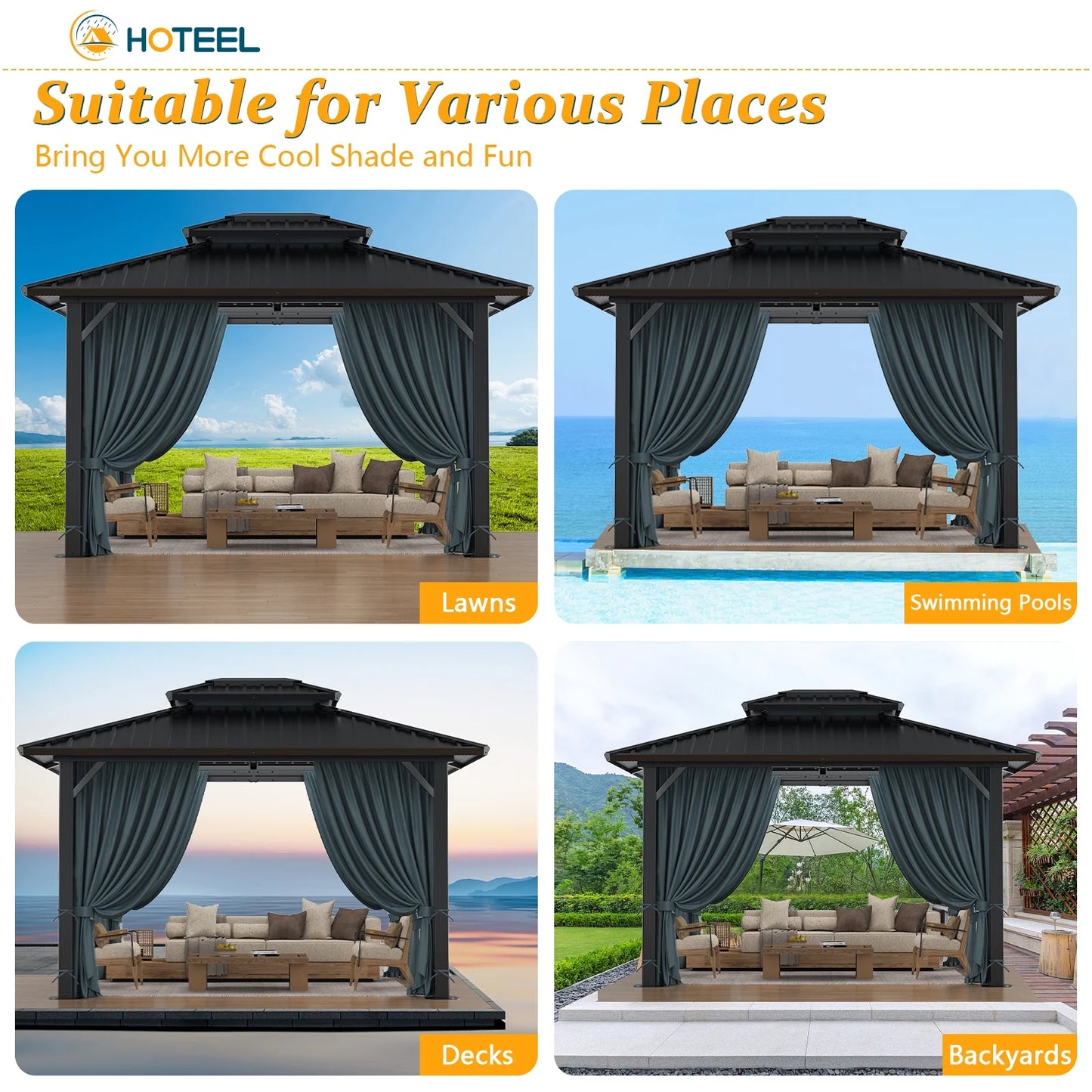 HOTEEL 10'x12' Hardtop Gazebo, Outdoor Steel Double Galvanized Roof Canopy, Aluminum Frame Permanent Pavilion Metal Gazebo with Curtains and Nettings, Sunshade for Patios, Gardens, Lawns, Black
