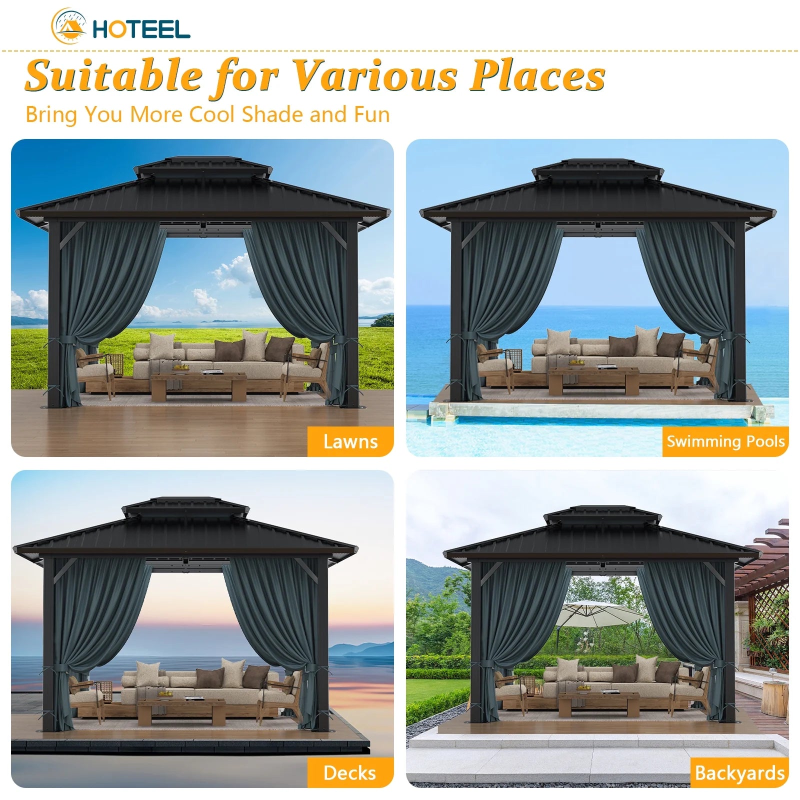 HOTEEL 10'x12' Hardtop Gazebo, Outdoor Steel Double Galvanized Roof Canopy, Aluminum Frame Permanent Pavilion Metal Gazebo with Curtains and Nettings, Sunshade for Patios, Gardens, Lawns, Black